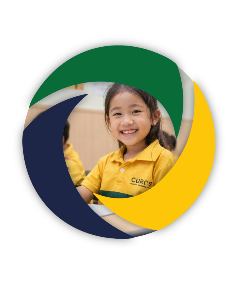 Smiling young girl in a yellow CUROS shirt poses in a classroom, framed by overlapping green, navy, and yellow circular shapes.