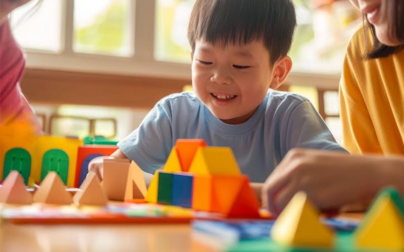 Child building colorful blocks during after-school care life skills activity.